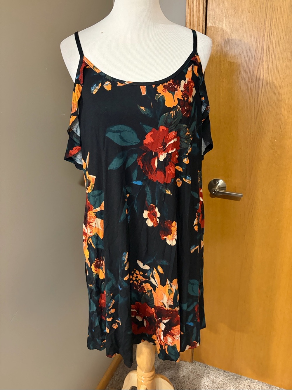Black Floral Cold-Shoulder Slip Dress with Red & Orange Blooms